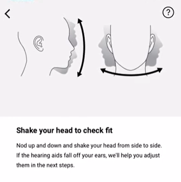 A drawing of a head shaking shows how the Lexie app instructs you to shake your head to ensure hearing aids don’t fall out