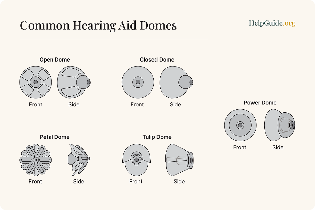 Five pairs of hearing aid dome types on a cream background